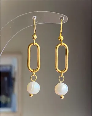 Handmade gold tone stainless steel natural shell pearls chic fairy boho vintage style dangle earrings💖 thumbnail 1