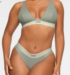 Skims Cotton Rib Plunge Bralette Mineral Green Sage Adjustable Straps M NWOT‎ thumbnail 1