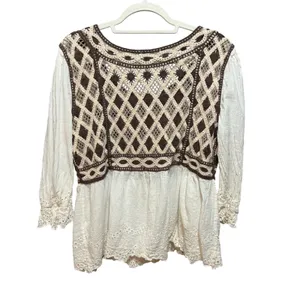 Crochet Lace Peplum Top Ivory Brown Eyelet‎ Sz XL thumbnail 2