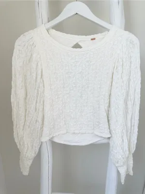 Free People Jasmine Tea Time Cream Textured Puff-Sleeve Knit Top Keyhole Back thumbnail 2