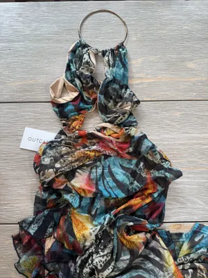 Multi-colored floral and leaf print maxi dress with cut-out back #floraldress #cutoutmaxi #club #festival #outcast thumbnail 2