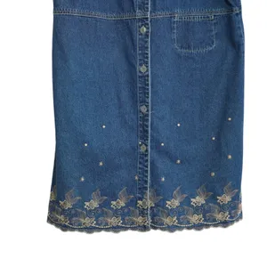 Vintage Denim Button Front Dress Size L Gold Embroidered Scalloped Trim Country thumbnail 3