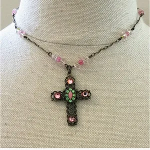 Vintage Victorian Revival Jeweled Cross Necklace Pink Green Rhinestones Beaded G thumbnail 1