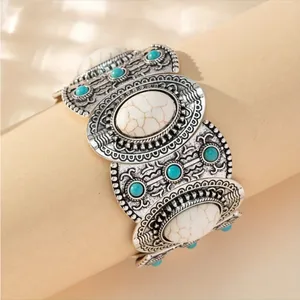 Bohemian Retro Style Silver Color Elastic‎ Women's Turquoise Bracelet thumbnail 2