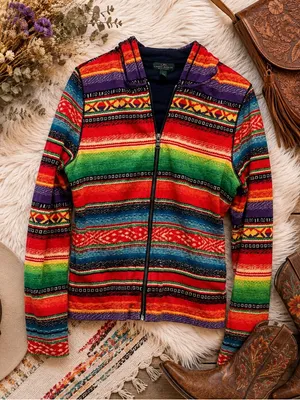 Lauren Ralph Lauren Serape Stripe Zip Hoodie Jacket Southwestern Baja Large Boho thumbnail 1