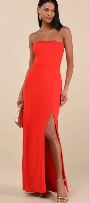 Lulus Memorably Iconic Red Strapless Lace Bustier Maxi Dress Size Small Formal thumbnail 1