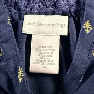 Soft Surroundings Navy Blue Gold Medallion Print Sheer Beaded Neckline‎ Tunic M thumbnail 3