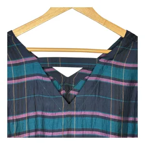 LOFT Plaid Blouse Women Medium Blue Teal Purple‎ Bell Sleeve V-Neck Strappy Back thumbnail 6