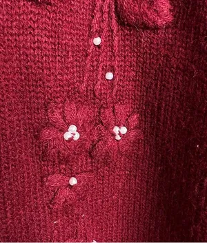 VTG Cardigan Sweater Maroon floral tonal embroidery Pearl bead details Grannycor thumbnail 3