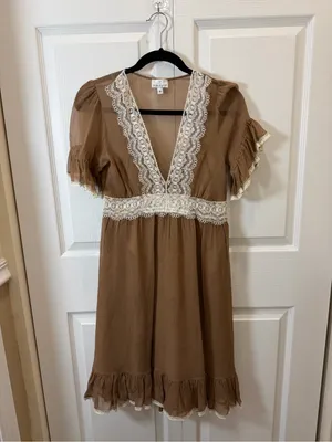 MIGUELINA Boho Lace-Trim V-Neck Mini Dress in Brown Small thumbnail 2