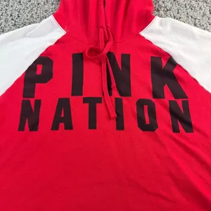 Pink Victoria's Secret Nation Hoodie Red White Colorblock Cropped Pullover L thumbnail 2