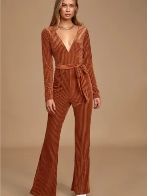 Striking a Pose Rust Orange Velvet Striped Long Sleeve Jumpsuit Size Small thumbnail 4