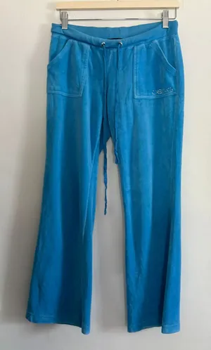 Y2K Vintage BEBE | Low Rise Blue Velour Bling Track Pants Flap Pockets Large thumbnail 1