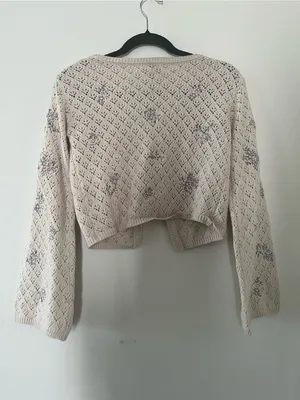 Cream Blue Floral Knit Tie Front Crochet Cardigan Small Cottagecore Feminine thumbnail 6