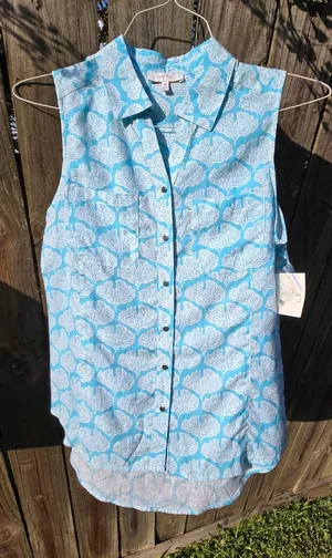 Coral Bay Linen Sleeveless Button Front Shirt Turquoise & White M thumbnail 1