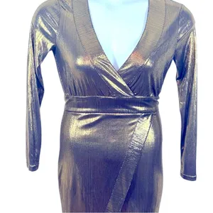 Lulu’s Metallic Gold Faux Wrap Asymmetrical Party Dress Semi Sheer Small Glam thumbnail 4