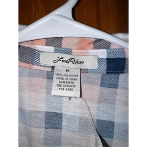 Love Potion Women Plaid Button Down Shirt Peach Navy Blue Short Sleeve SZ M (C) thumbnail 3