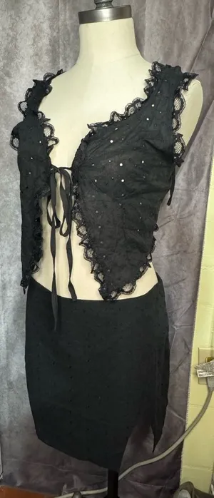 2 Pc Set Eyelet Embroidery Lace Tie Front Crop Top and Mini Skirt Set Summer thumbnail 1