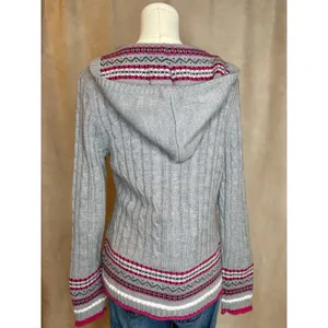 Dressbarn Gray Cable Knit Hoodie Sweater L Pink Fair Isle Trim thumbnail 2