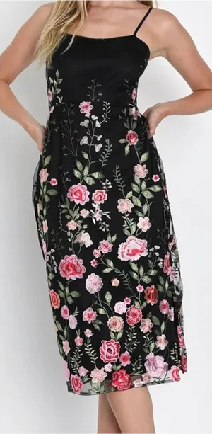 NWOT Lulus Blooming For Love Black Floral Embroidered Midi Dress thumbnail 1