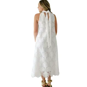 Holly Shae Eyelet‎ Lace Neck Tie Maxi Dress Women's XS/M White Boho Resortwear thumbnail 3