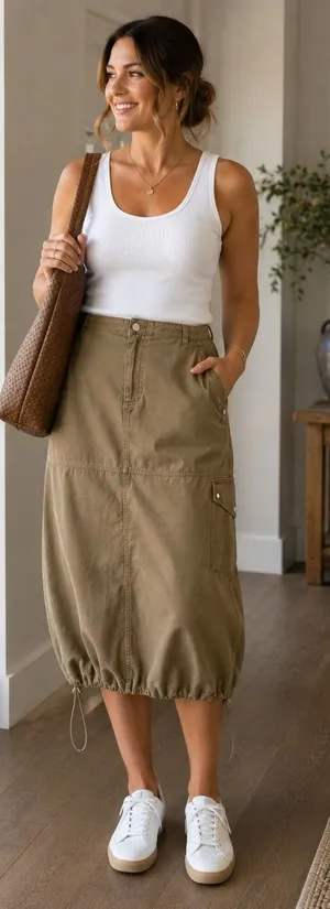 STAUD Cargo Skirt Womens XL NEW Tan Cotton Midi Drawstring Toggle Utility‎ Skirt thumbnail 1