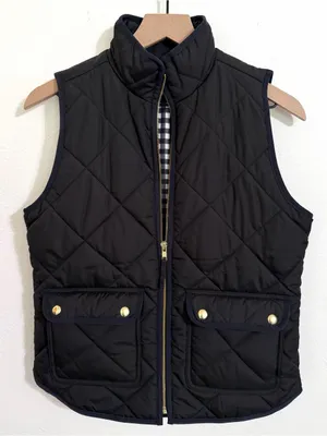 J. Crew Puffer Vest with Snap Pockets, black with gingham lining, size XS thumbnail 1