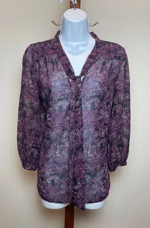 LOFT Blouse Size M Purple Magenta Paisley Sheer Long Sleeve V Neck Boho thumbnail 1