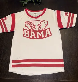 PINK Victoria's Secret White & Red BAMA Football Jersey Top thumbnail 1