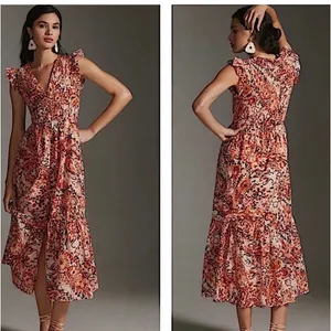 Anthropologie Orange Paisley Smocked Tiered Ruffle Maxi Dress Womens Size M thumbnail 2