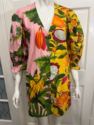 Farm Rio 100% Cotton Tropical Fruit Print V-Neck Mini Dress - Pink Yellow Sz XS thumbnail 3