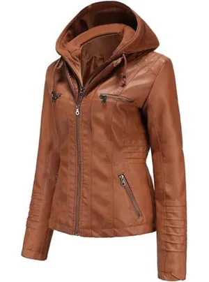 TAGOO Brown Faux Leather Jacket with Removable Hood. thumbnail 1
