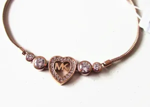 Michael Kors Pave Crystal MK Logo Heart Rose Gold Slider Adjustable Bracelet thumbnail 4