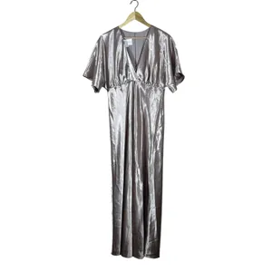 Birdy Grey Jesse Satin Maxi Dress Taupe Pink Formal Flutter Slit Size L thumbnail 2