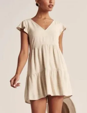 Abercrombie & Fitch Beige Lined Tiered V-Neck Pocket Dress Linen Blend Size S thumbnail 1