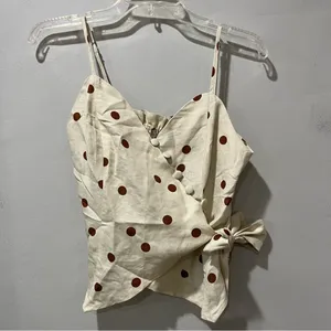 Moon River Tank Linen Size Small Tan With‎ Brown Polka dots V Neck Button… thumbnail 2