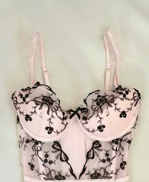 Victoria's Secret Baby pink coquette ballerina corset top with black floral and bow embroidery and ruffle details thumbnail 3