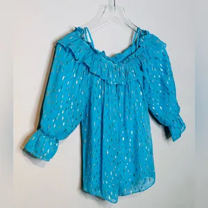 Lilly Pulitzer CeeCee Turquoise Oasis Metallic Off-Shoulder Blouse Shirt Top thumbnail 5
