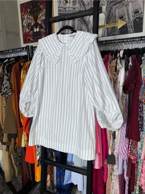 Ganni Blue White Stripe Balloon Sleeve Mini Dress Peter Pan Collar EU 38 US 6 thumbnail 6