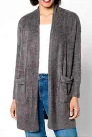 Barefoot Dreams CozyChic Lite Open Front Cardigan Cinch Tie Back Carbon Gray thumbnail 1