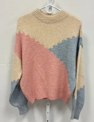 Mango MNG Colorblock Chunky Knit Sweater Large Pink Blue Crew Neck‎ Pullover thumbnail 1