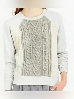 J.Crew Women’s S Gray Wool Cable Knit Mixed Media Sweatshirt Sweater NWOT thumbnail 2