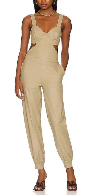 Majorelle Revolve Ameera Linen Cotton Structured Bodice Jumpsuit Taupe Green thumbnail 1