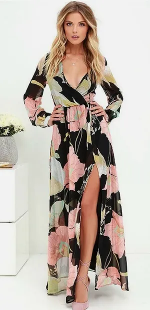 Lulus NWT Women Medium Black Pink Floral Lily Print Maxi Dress Summer Wedding thumbnail 1