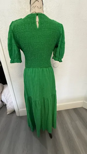 Boho Green Smocked Maxi Dress - Puff Sleeve Tiered Long Dress - Size S thumbnail 6