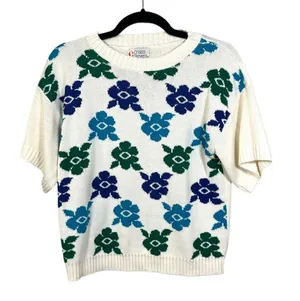 Cristin Stevens Vintage Floral Daisy Short Sleeve Knit Blouse Size Medium thumbnail 1