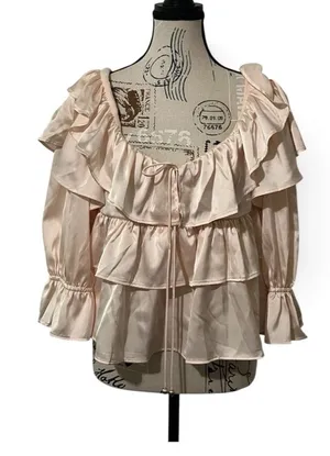 Francescas Ella Ruffle Tiered Satin Blouse Pink Off Shoulder Coquette NWT Medium thumbnail 1