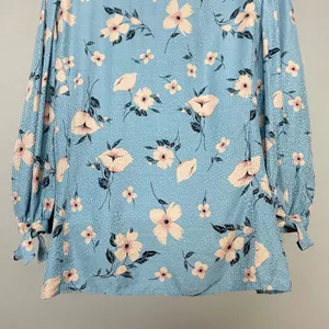 Rebecca Taylor Daniella Floral Blouse Dot Pattern Blue V-Neck Top Tie Cuff Women thumbnail 9