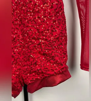 Balera Red Dancewear Sequin and Mesh Long Sleeve Biketard Romper thumbnail 9