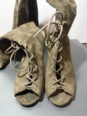 GUESS Over-the-Knee Lace-Up Peep-Toe Boots in Olive Green thumbnail 3